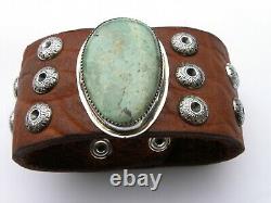 Vintage sterling silver Turquoise genuine Bison leather cuff bracelet wristband