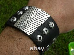 Vintage sterling silver V shape genuine Bison leather cuff bracelet wristband