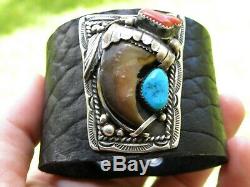 Vintage sterling silver turquoise Bison leather claw coral sign G cuff bracelet