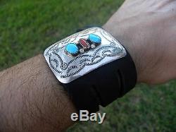 Vintage sterling silver turquoise coral black Bison leather cuff large bracelet