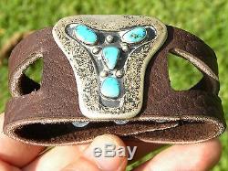 Vintage sterling silver turquoise on Bison leather cuff men brown bracelet