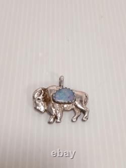 Vtg Sterling Silver Buffalo Bison Opal Stone Pendant Hank Ortega Signed