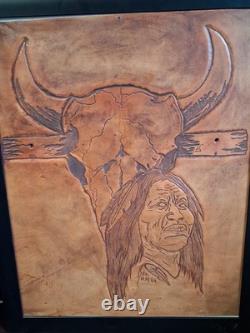 Western Leather Etched Native American Buffalo Skull Artwork