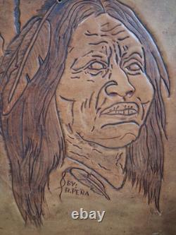 Western Leather Etched Native American Buffalo Skull Artwork