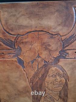Western Leather Etched Native American Buffalo Skull Artwork