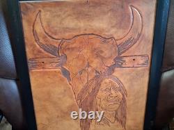 Western Leather Etched Native American Buffalo Skull Artwork