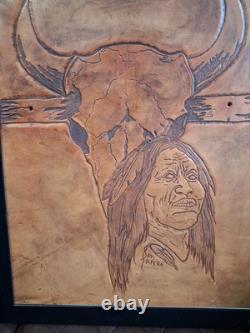 Western Leather Etched Native American Buffalo Skull Artwork
