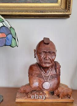 Wood Carving Western Bust Sculpture 14 Native American & Bisons, artist signed