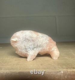Zuni Carved Pink Alabaster Stone Bison Buffalo Signed Lynn Quam Fetish Turquoise