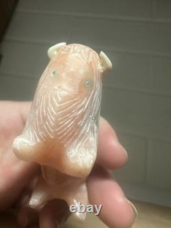 Zuni Carved Pink Alabaster Stone Bison Buffalo Signed Lynn Quam Fetish Turquoise