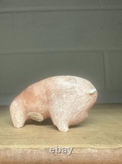 Zuni Carved Pink Alabaster Stone Bison Buffalo Signed Lynn Quam Fetish Turquoise