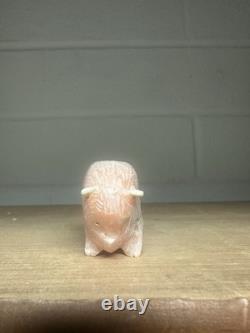Zuni Carved Pink Alabaster Stone Bison Buffalo Signed Lynn Quam Fetish Turquoise