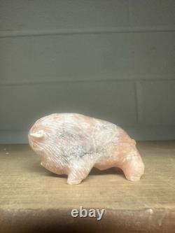 Zuni Carved Pink Alabaster Stone Bison Buffalo Signed Lynn Quam Fetish Turquoise