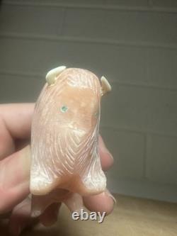 Zuni Carved Pink Alabaster Stone Bison Buffalo Signed Lynn Quam Fetish Turquoise