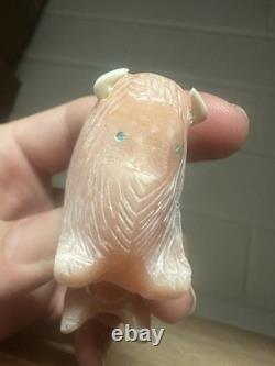 Zuni Carved Pink Alabaster Stone Bison Buffalo Signed Lynn Quam Fetish Turquoise