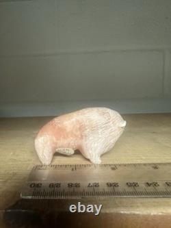 Zuni Carved Pink Alabaster Stone Bison Buffalo Signed Lynn Quam Fetish Turquoise