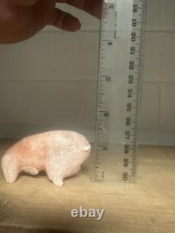 Zuni Carved Pink Alabaster Stone Bison Buffalo Signed Lynn Quam Fetish Turquoise
